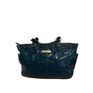 COACH GALLERY EMBOSSED PATENT LEATHER TOTE SHOULDER BAG F19462 TEAL GOOD  CON